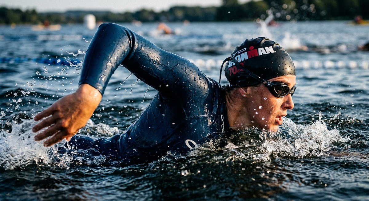 Close-up action shot of a triathlete swimming in open water, showing the texture of high-performance neoprene and water droplets.