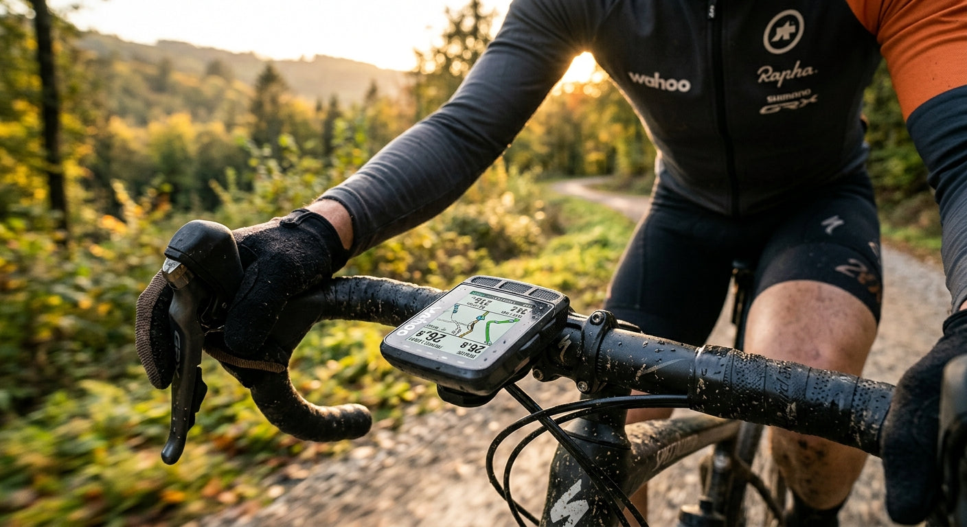 Close-up action shot of a Wahoo Elemnt Roam V3 mounted on a gravel bike handlebar, featuring sharp focus and realistic textures.