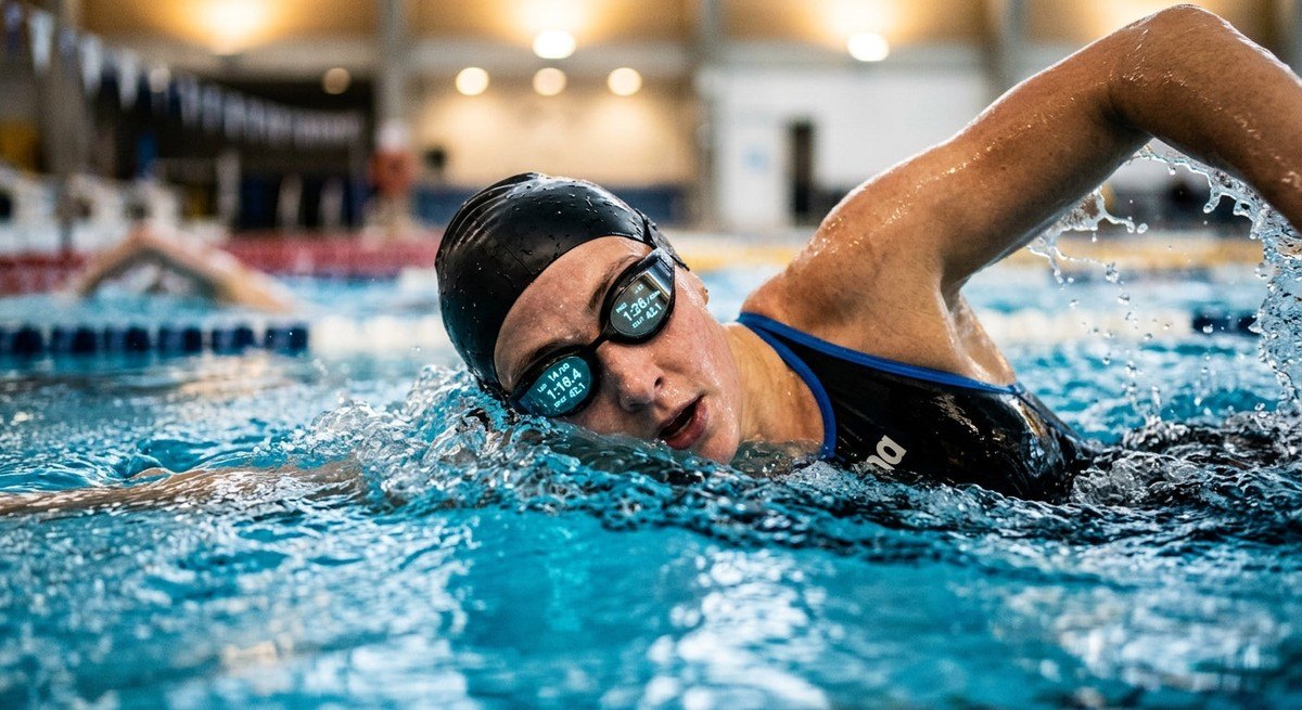 Close-up action shot of the FORM Smart Swim Goggles showing the internal heads-up display interface during a lap.