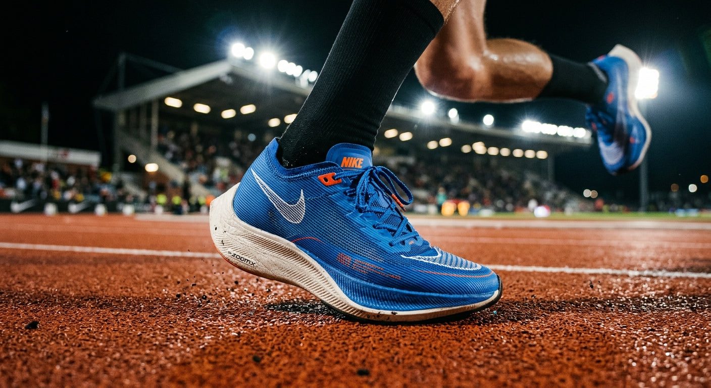 Close-up cinematic shot of a high-performance running shoe with sharp, detailed textures of the mesh upper and the advanced midsole foam under stadium lights.