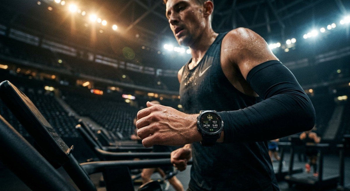 Close-up cinematic shot of a rugged sports watch displaying heart rate data during an indoor running session with dramatic stadium lighting.