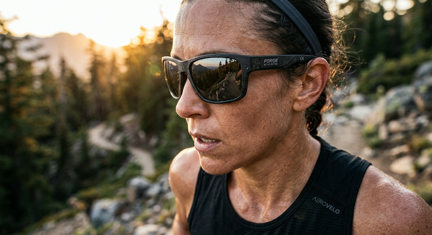 Close-up cinematic shot of performance sunglasses with realistic texture and sharp fine details.