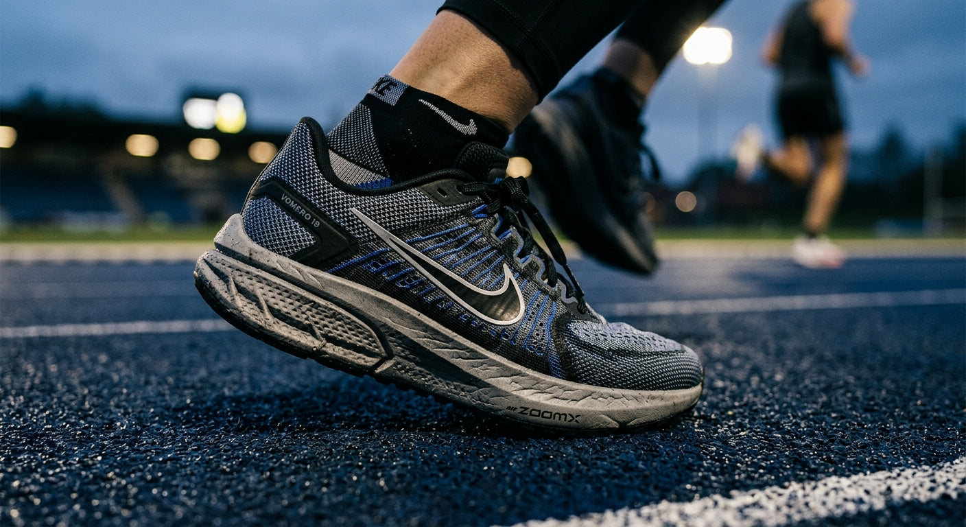 Close-up detail of the engineered mesh upper and ZoomX foam midsole texture on the new Nike Vomero 19.