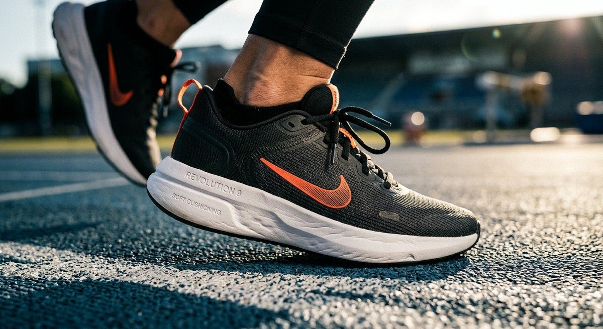Close-up detail of the Nike Revolution 9 midsole foam and breathable mesh upper under sharp contrast lighting