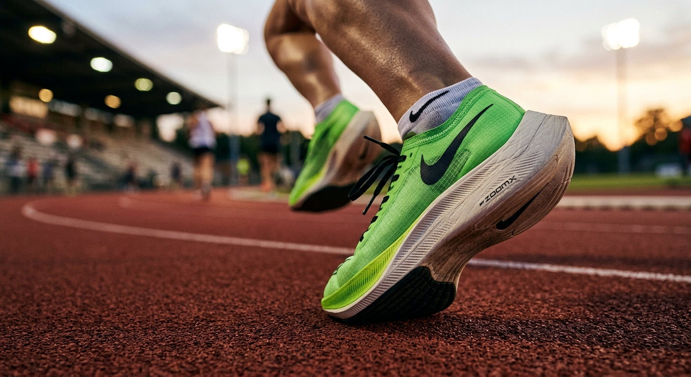 Close-up detail of the Nike Vaporfly NEXT%4 midsole texture, highlighting the innovative foam and aerodynamic geometry.