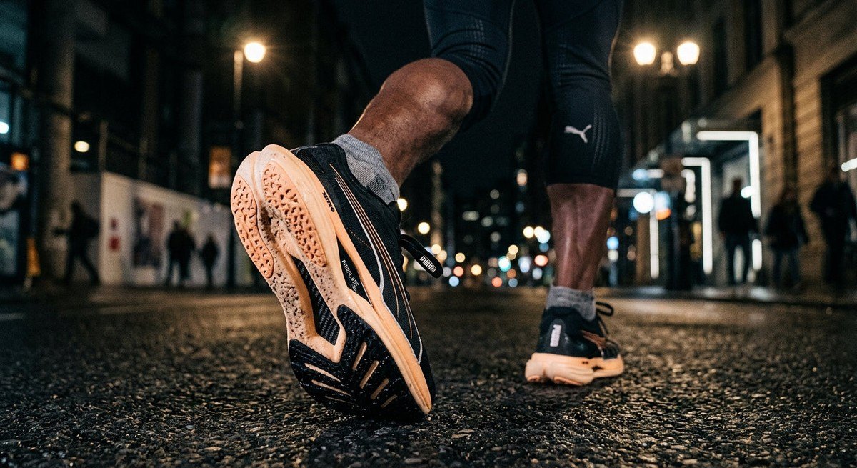 Close-up detail of the Puma Fast-R Nitro Elite 3 showing the intricate, nitrogen-infused foam texture and the aggressive carbon-plate geometry against a blurred, dark urban background.