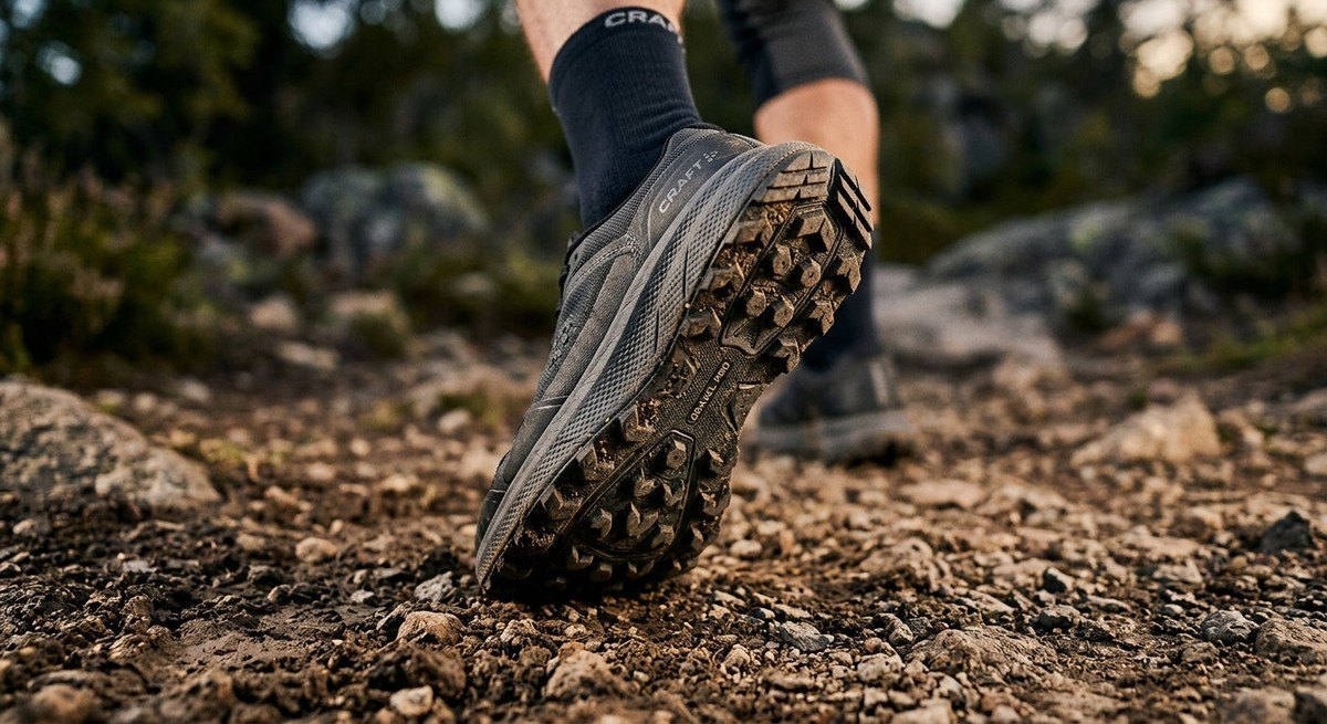Close-up detail shot of the Craft Kype Gravel Pro midsole texture and lug pattern, highlighting high-performance material design.