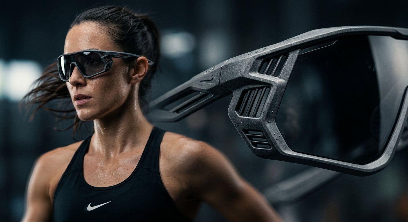Close-up detail shot of the Nike Vision Fusion Flow frame geometry, highlighting the technical material texture and aerodynamic ventilation channels against a moody studio background.
