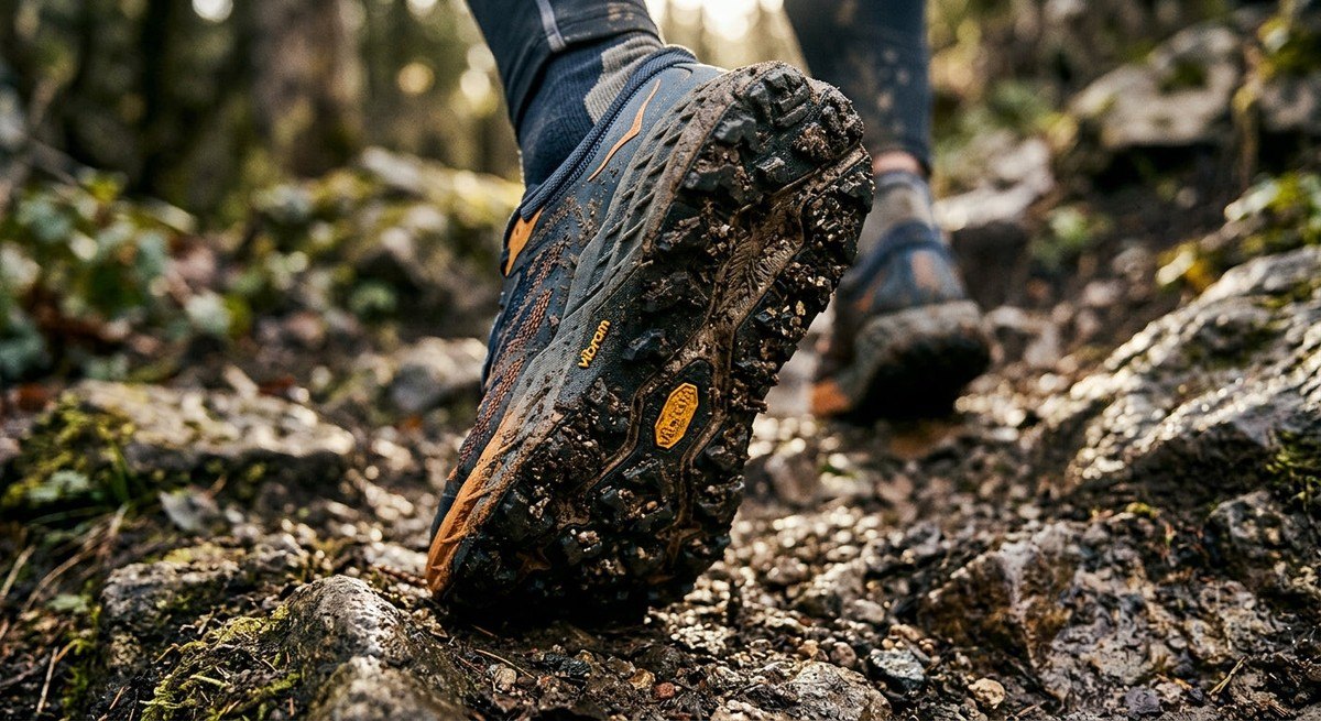Close-up, detailed macro photography of the aggressive lug pattern on the outsole of a high-performance trail running shoe, showing mud and rock textures.