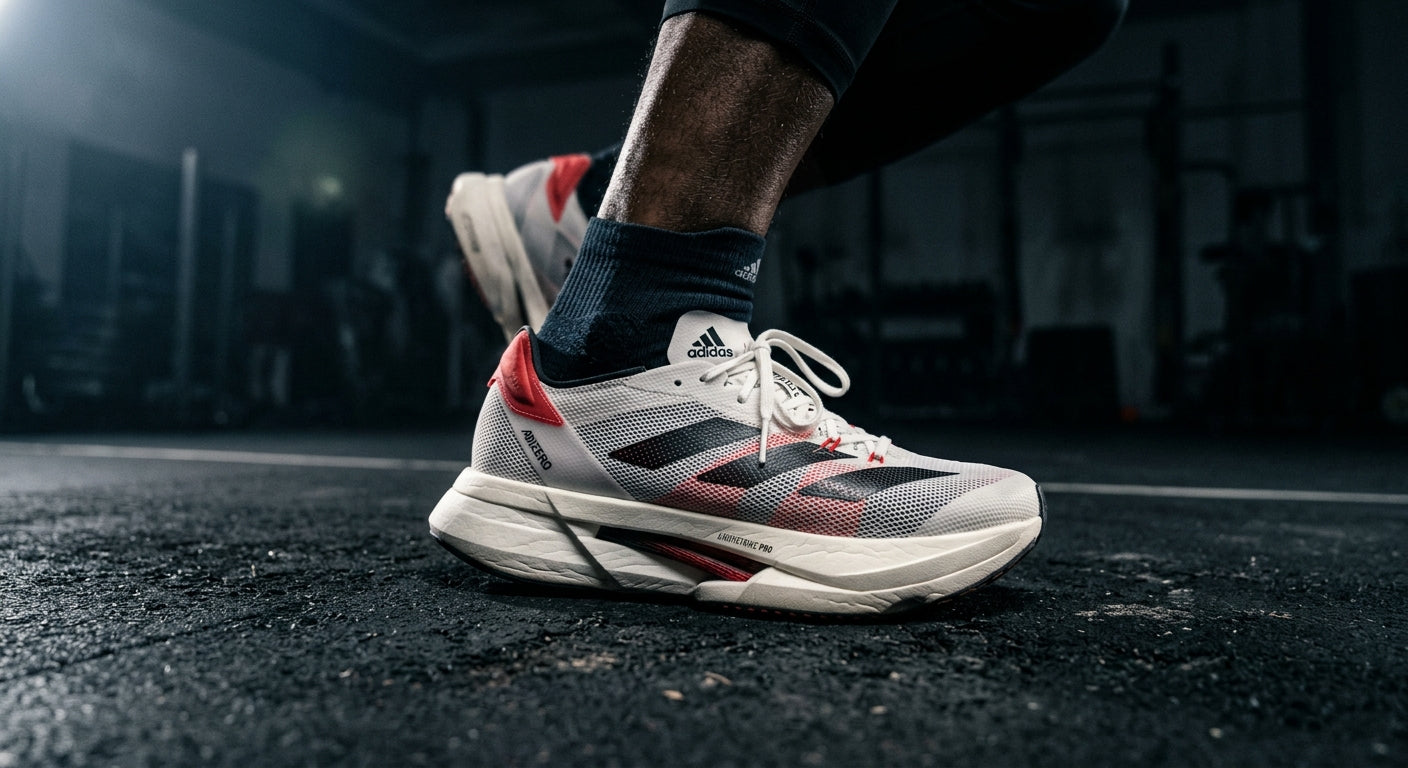 Close-up detailed view of the Adidas Adizero Adios Pro Evo 3 featuring the carbon-infused midsole and mesh upper texture under sharp, moody studio spotlighting.