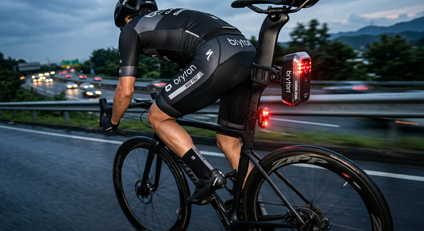 Close-up high-speed action shot of a Bryton Gardia R300L mounted on an aero bike seatpost, highlighting the sleek design and reflective cycling gear textures.