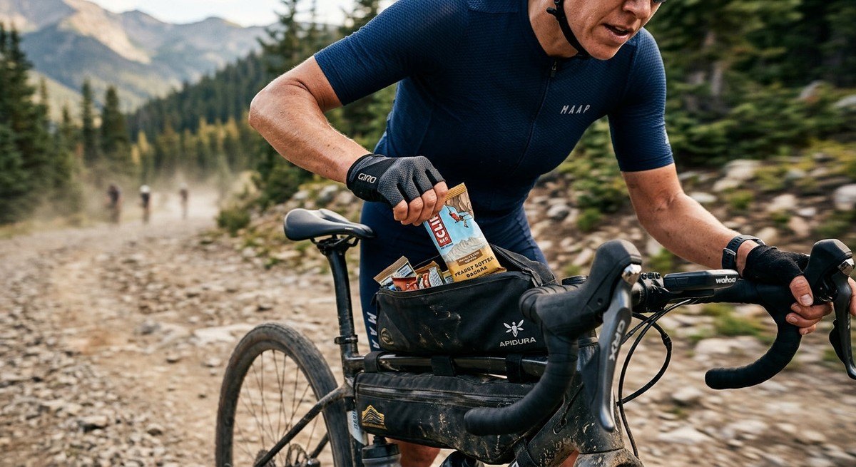 Close-up high-speed action shot of a cyclist's hands grabbing a calorie-dense energy bar from a top-tube bag while riding on a rugged trail.