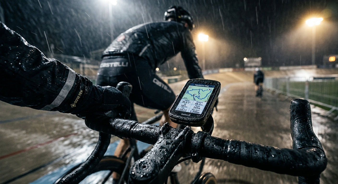Close-up high-speed action shot of a Garmin Edge 840 display showing complex mapping data during a rainy training session, with realistic water droplets and dramatic stadium lighting.