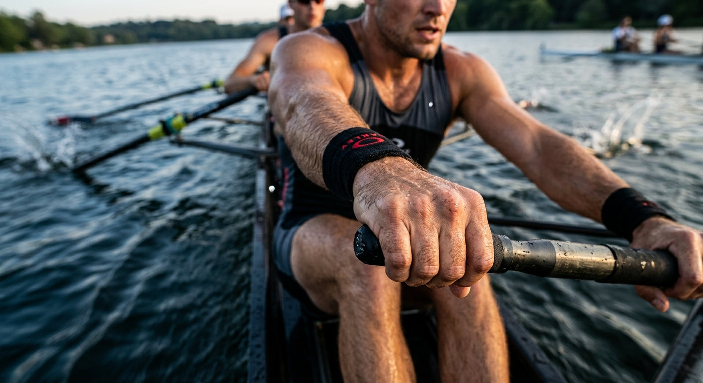 Close-up high-speed action shot of a rower's hands gripping the handle with motion blur and realistic sweat textures.