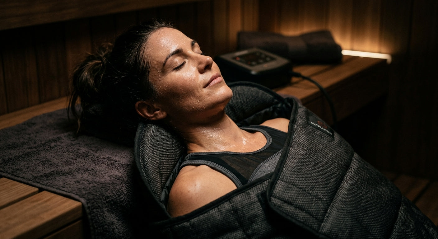Close-up high-speed photograph of a fitness enthusiast relaxing inside a premium infrared sauna blanket, highlighting the texture of the material and soft, dramatic shadows.