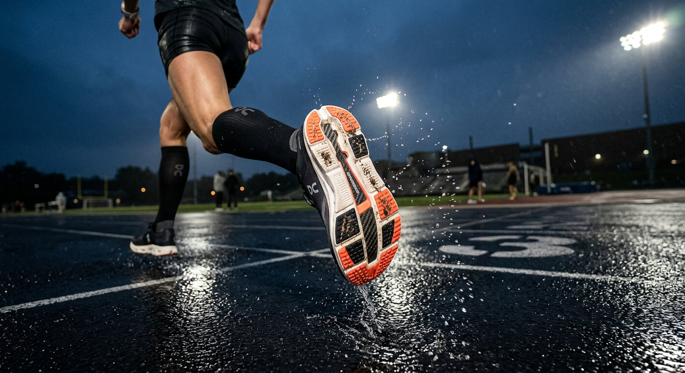 Close-up high-speed photograph of the carbon-plate sole of the On Running Cloudboom Strike 2 on a wet track surface.