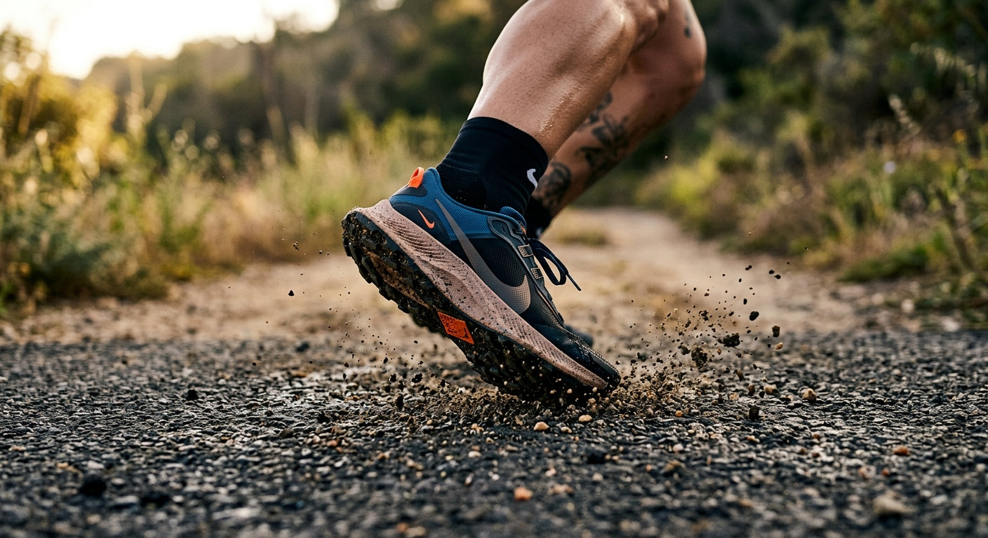 Close-up high-speed photography of a runner's foot striking the ground with realistic texture and grit