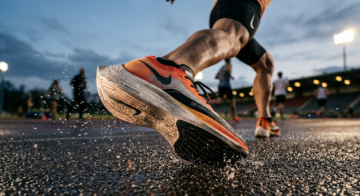 Close-up high-speed photography showing the textured, advanced foam midsole and carbon plate detailing of a professional racing shoe.