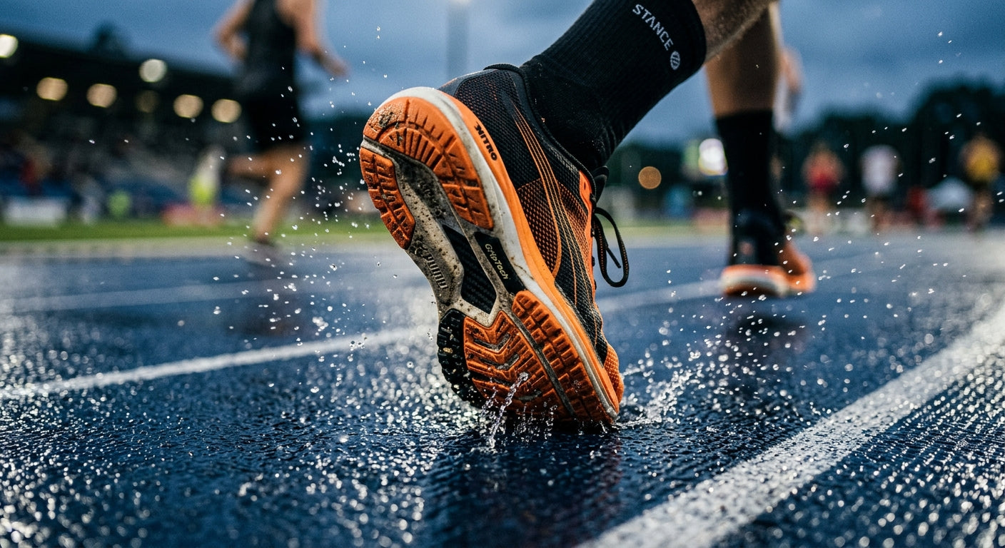 Close-up high-speed shot of high-performance running shoe sole texture on a wet synthetic track.