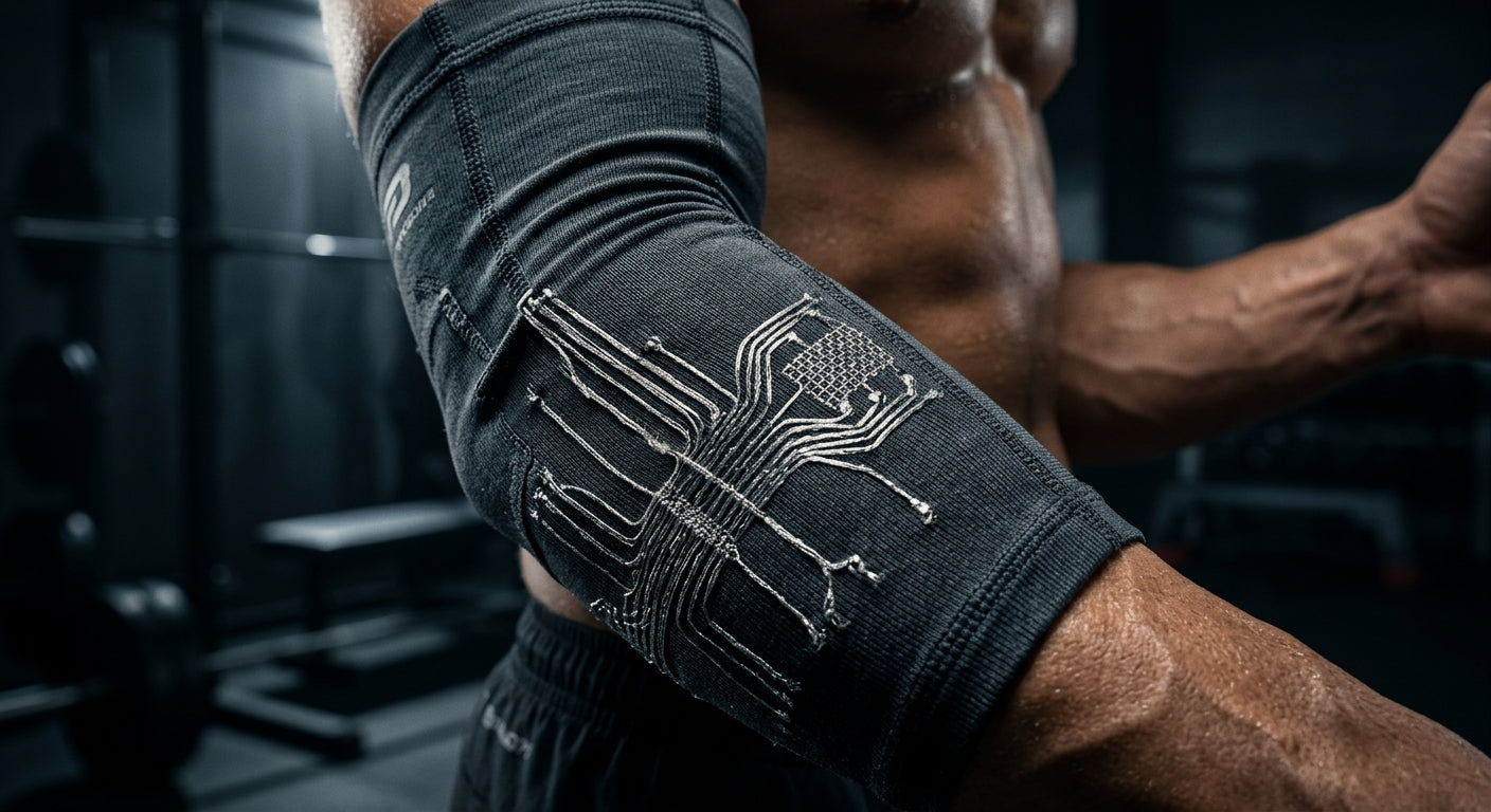 Close-up macro shot of conductive silver-thread sensors integrated into professional athletic compression fabric with dramatic studio lighting.