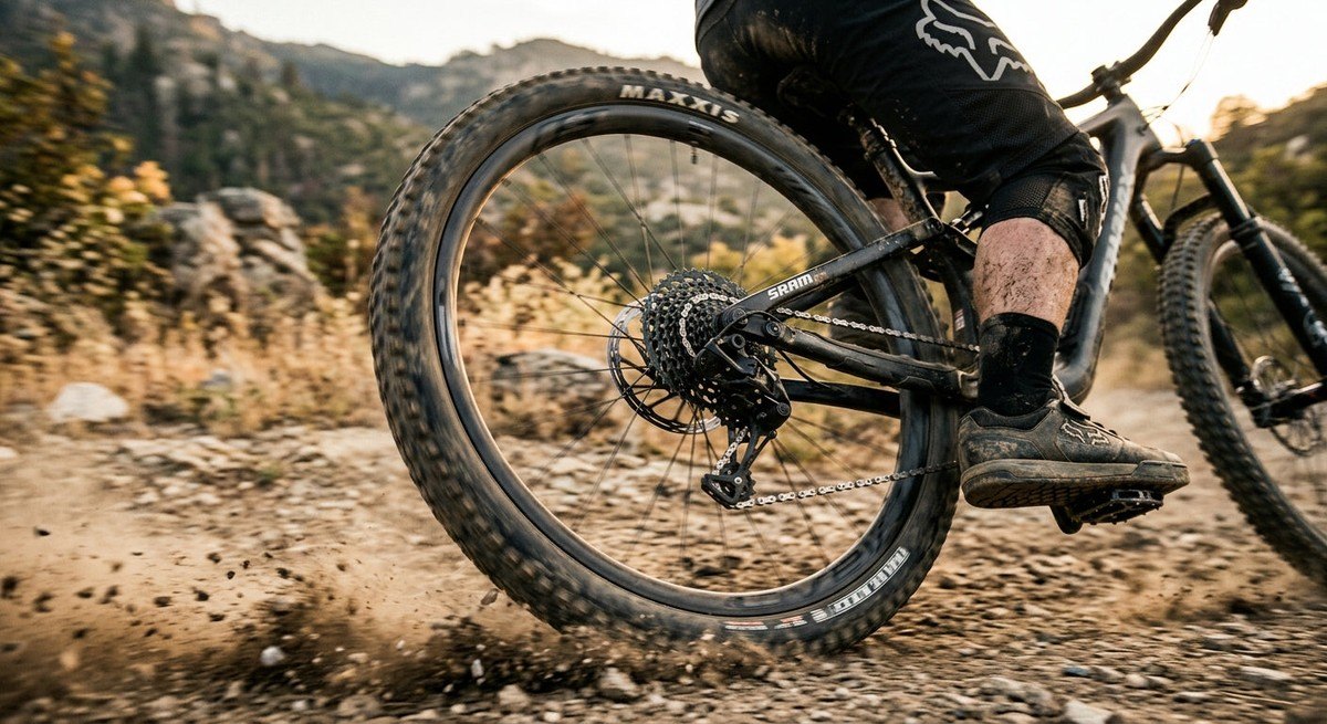 Close-up of a carbon fibre 32-inch mountain bike wheel featuring detailed tread patterns and high-speed motion blur on a dusty track