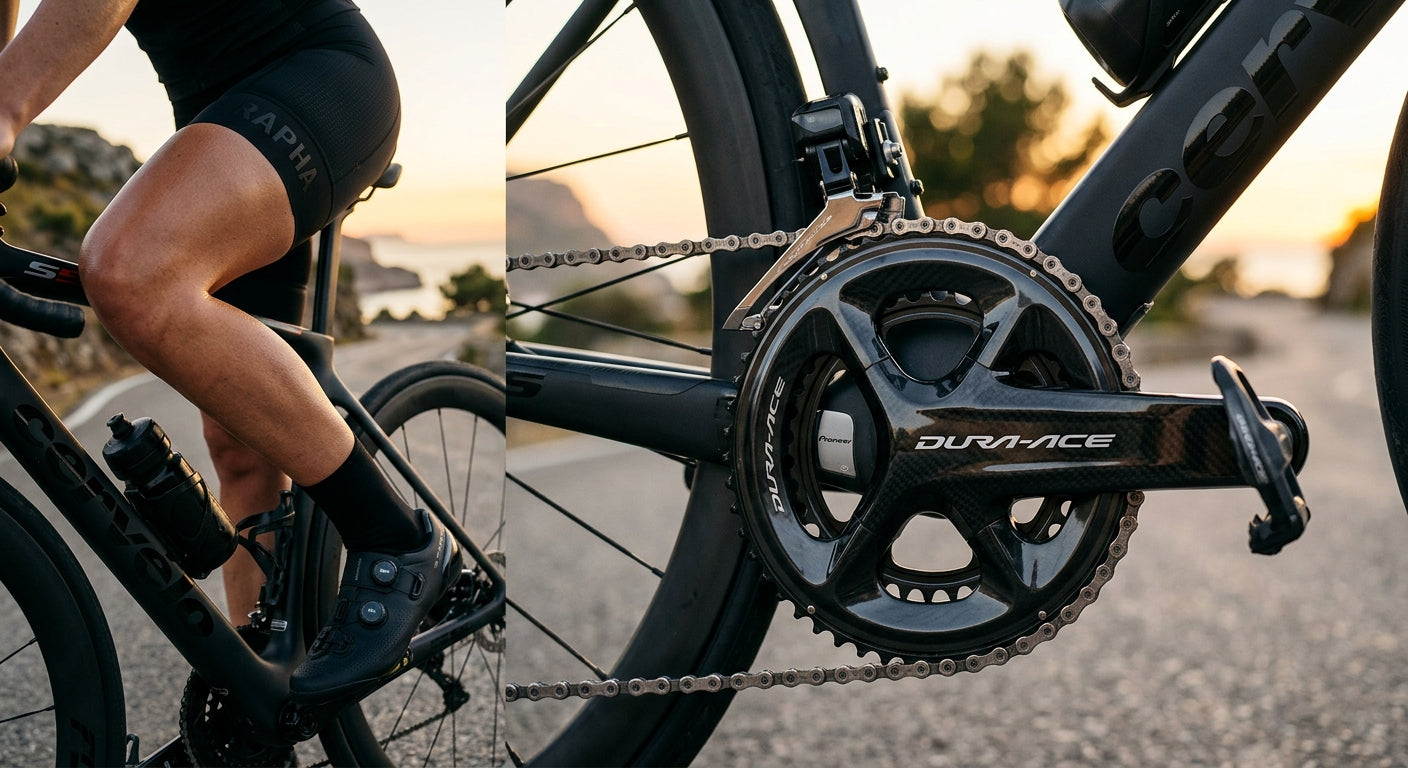 Close-up of a carbon fibre crankset on a high-performance road bike, highlighting the precise engineering and sleek aesthetic.