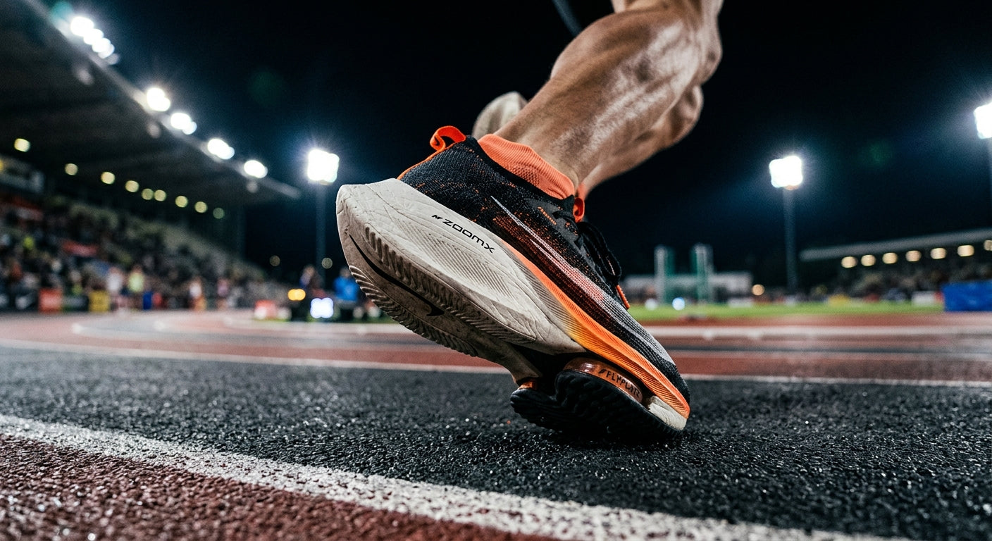 Close-up of a carbon-fibre plate and ZoomX foam midsole of a racing shoe under dramatic stadium lighting