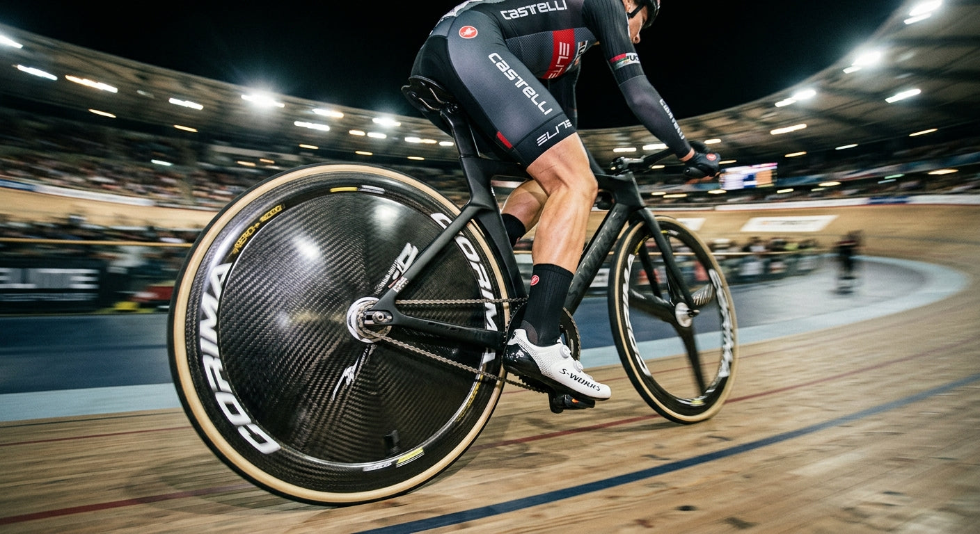 Close-up of a carbon fibre wheel rim with dramatic stadium lighting and high-speed motion blur on a track.