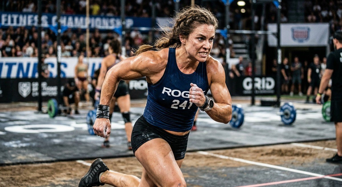 Close-up of a competitive athlete mid-stride during a functional fitness competition, demonstrating intense focus and realistic muscle texture.
