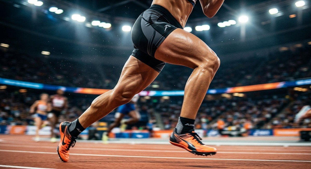 Close-up of a competitive athlete's legs during a intense sprint, capturing motion blur and realistic muscle texture under professional arena spotlights.