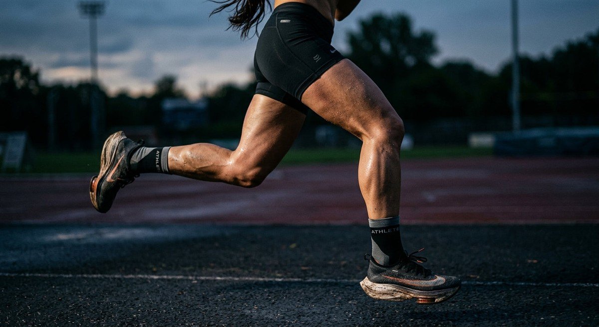 Close-up of a competitive athlete's legs during an intense training run, highlighting realistic muscle texture and cinematic lighting.