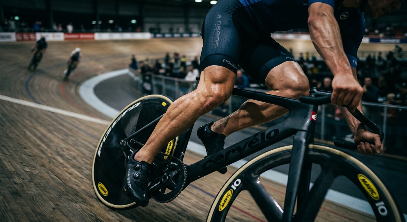Close-up of a competitive cyclist's legs showcasing muscular definition during an intense sprint on a velodrome track.