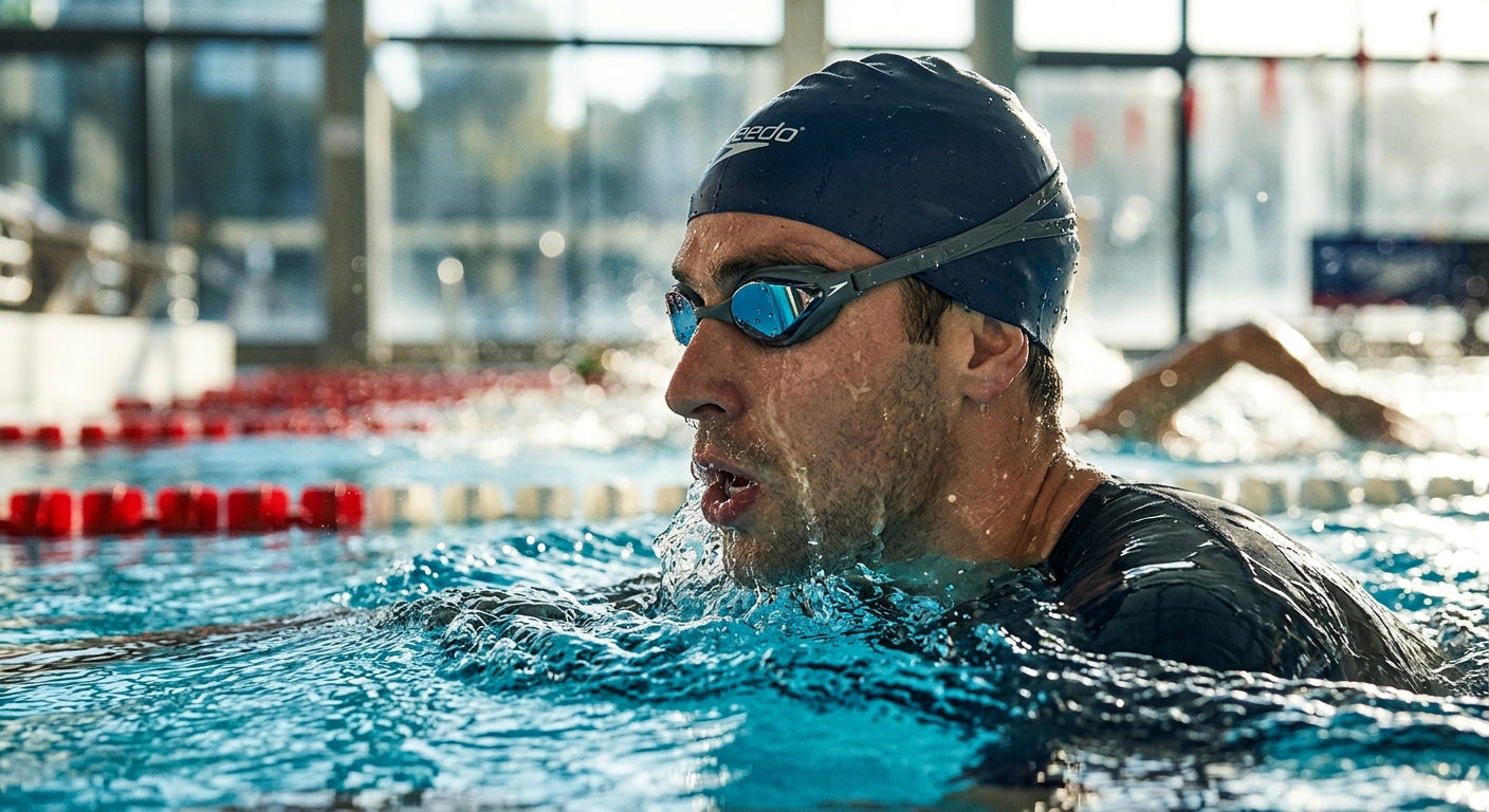 Close-up of a competitive swimmer's face emerging from the water, focusing on the refined technique of sighting while maintaining a neutral head position.
