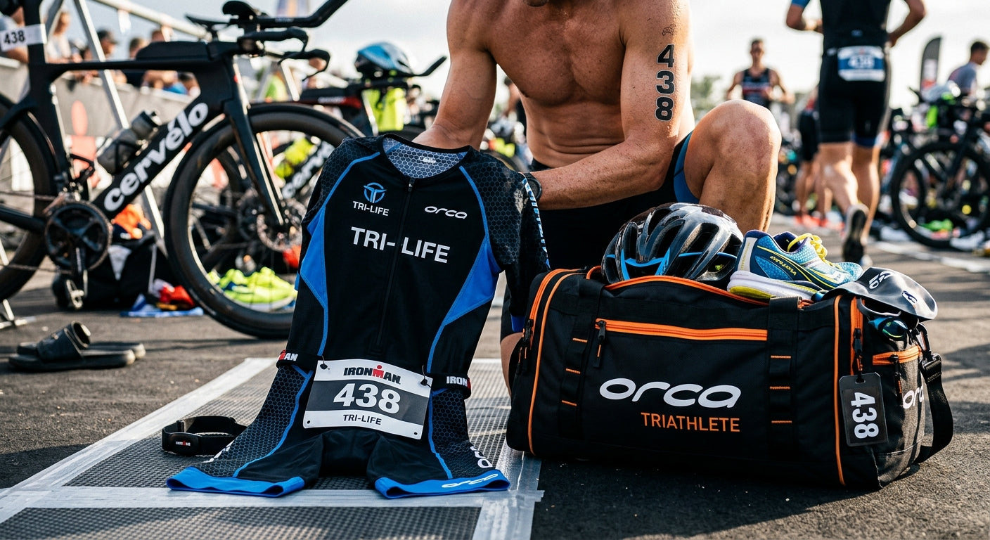 Close-up of a competitive triathlete's gear setup, featuring a high-performance trisuit and transition bag with sharp, detailed textures and high contrast.