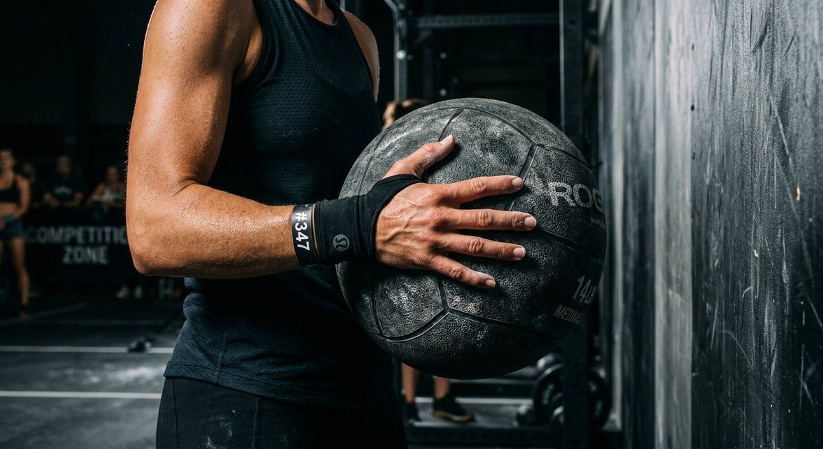 Close-up of a competitor's hands gripping a medicine ball during a Wall Ball station with dramatic contrast and fine texture details.