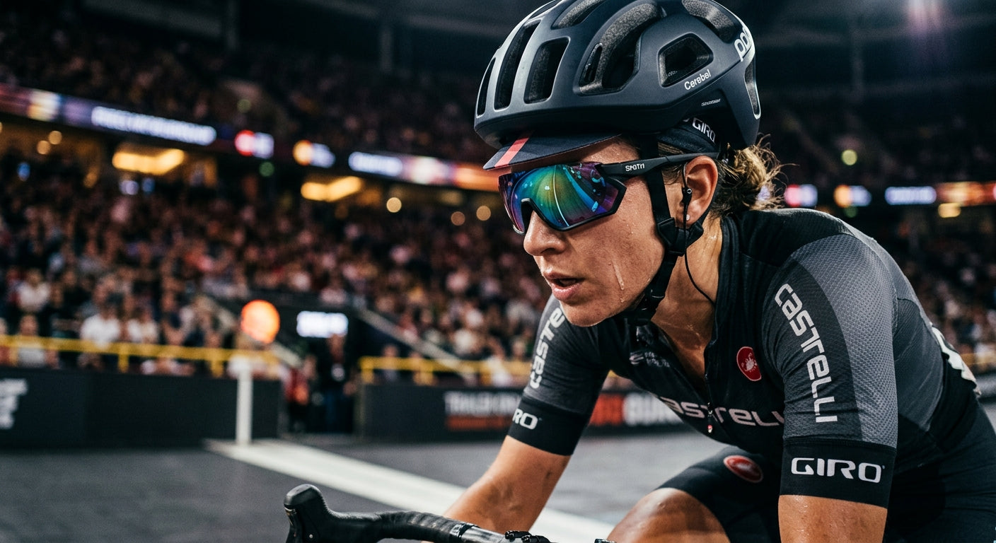 Close-up of a cyclist's face wearing sleek, high-tech sports sunglasses with reflective lenses, captured in sharp focus against a blurred, moody stadium background.