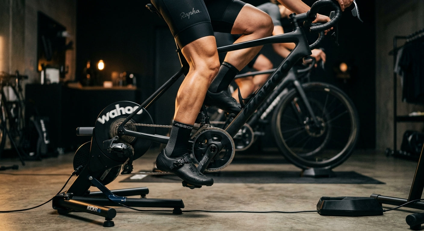 Close-up of a cyclist's legs pedalling on a high-end smart trainer, capturing sharp detail and motion blur with a focus on technical gear.