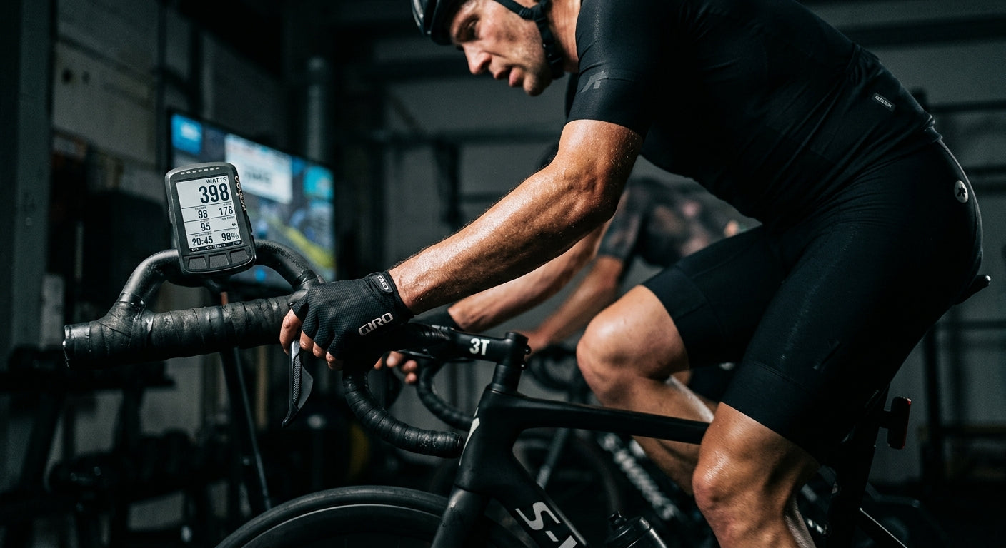 Close-up of a cyclist's power meter display during a high-intensity interval session with dramatic moody lighting.