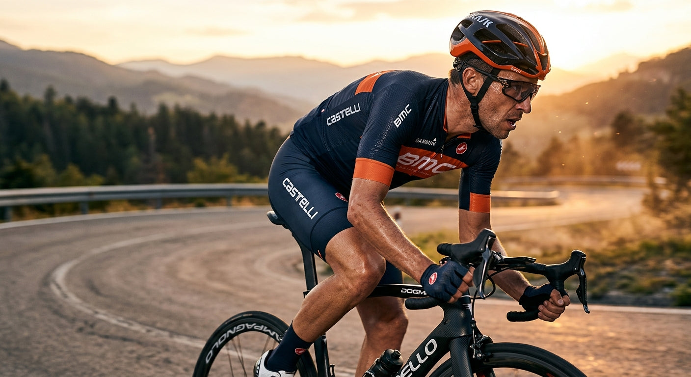 Close-up of a cyclist training with sharp, fine details and cinematic lighting, showing intense focus and athletic effort on a modern racing bike