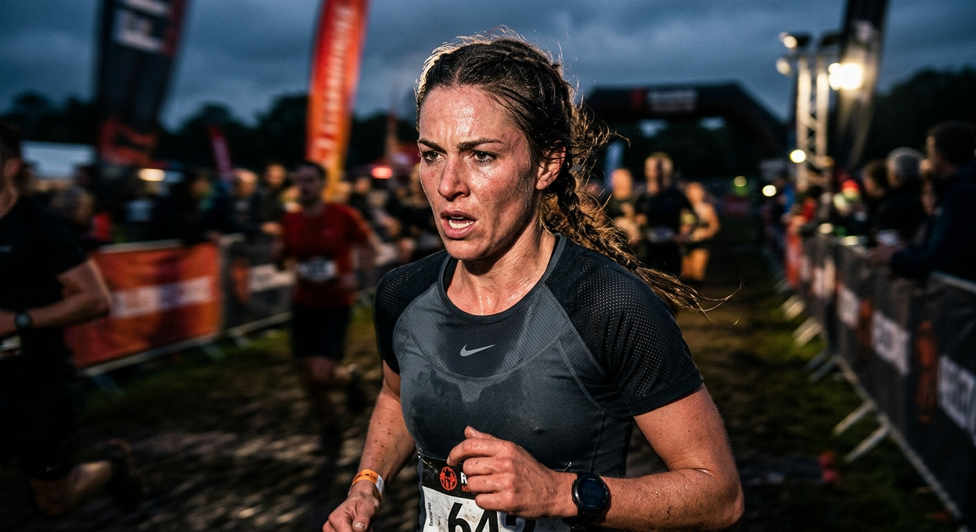 Close-up of a determined athlete's face during a high-intensity fitness race with motion blur and sharp, moody lighting.