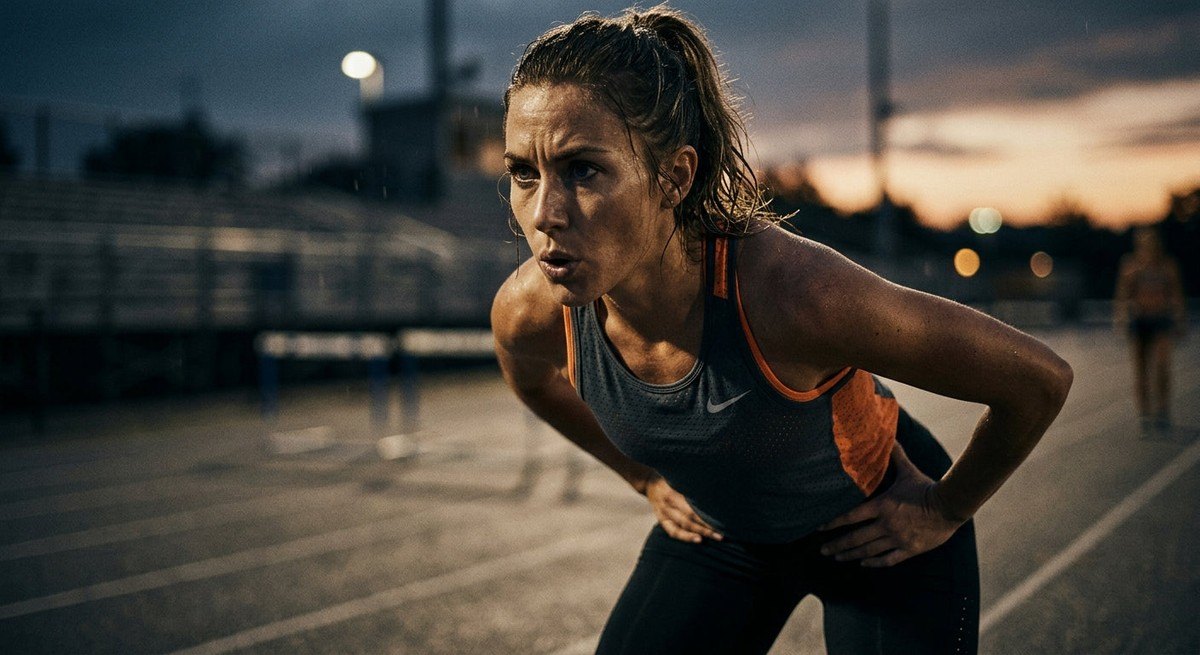Close up of a determined female athlete focusing on her breathing during a high-intensity training session at dusk with moody, high-contrast lighting.