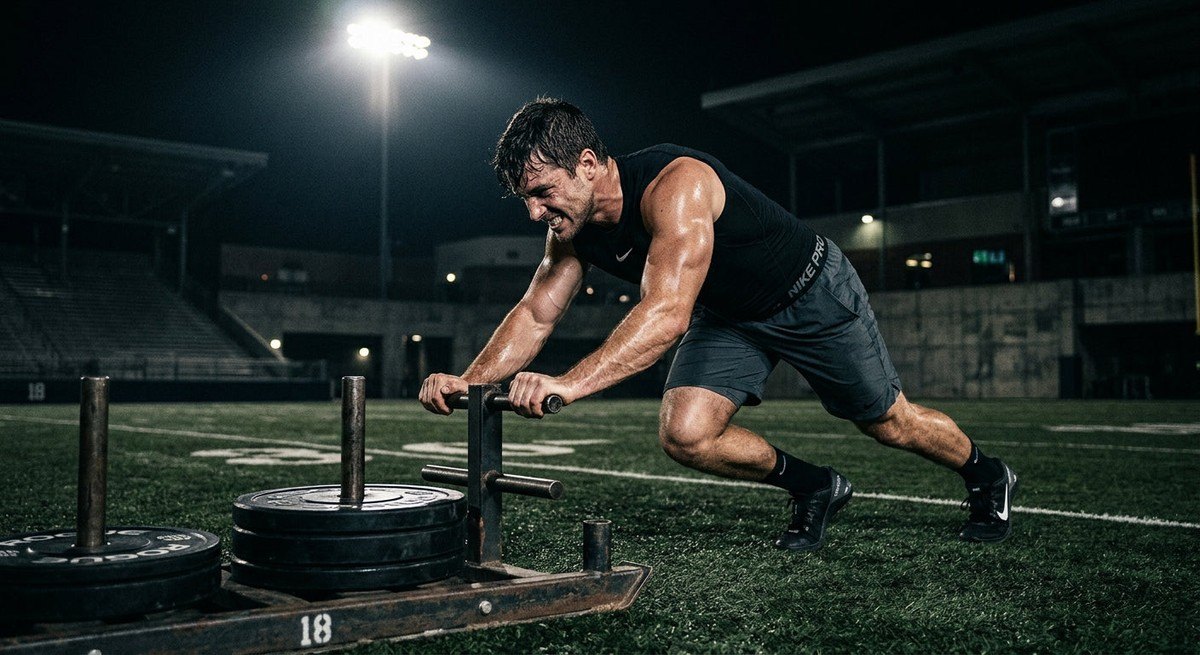 Close-up of a determined fitness enthusiast performing a heavy sled push under moody, high-contrast stadium spotlights.