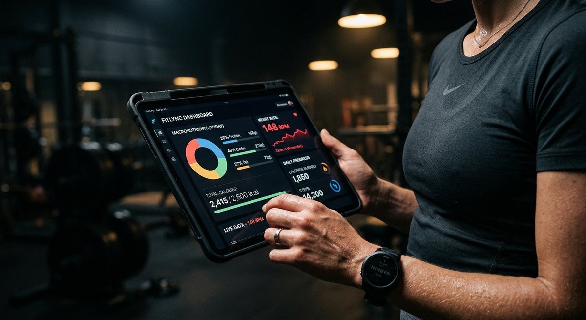 Close-up of a digital dashboard on a tablet showing detailed macro-nutrient analytics and heart rate data against a dark, moody background.