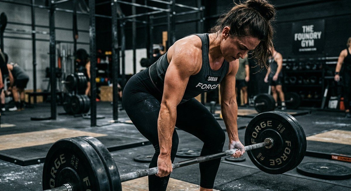 Close-up of a female athlete lifting heavy weights, showing realistic muscle definition and textures under sharp, moody gym lighting.