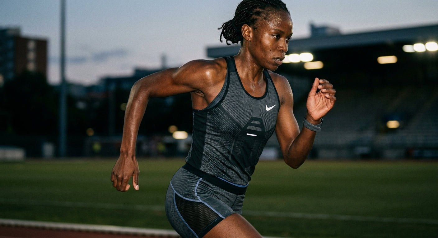 Close-up of a female athlete wearing professional compression running gear, demonstrating sharp textures and athletic intensity.