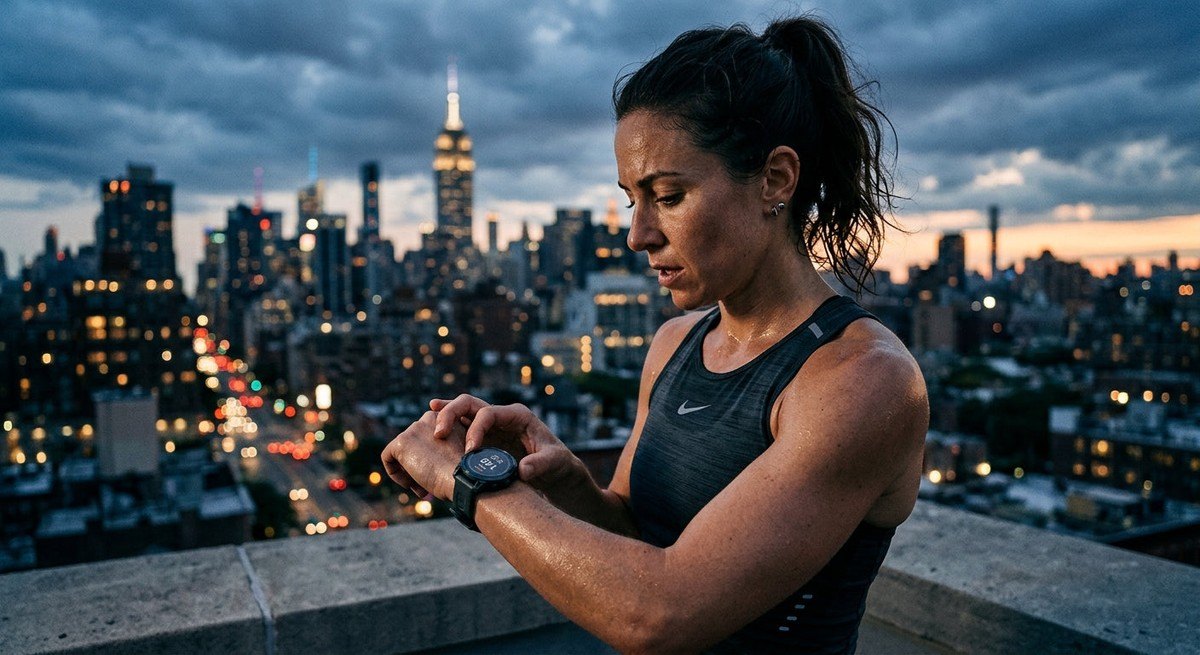 Close-up of a focused athlete checking their heart rate monitor with a moody, high-contrast city background at dusk.