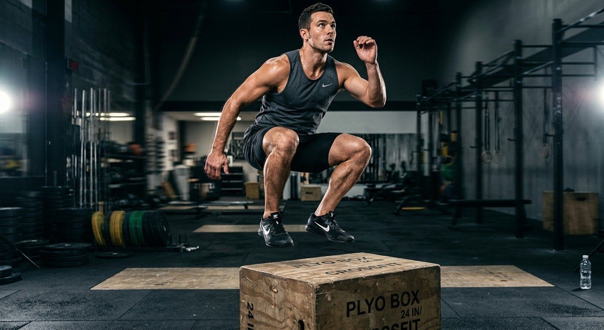 Close-up of a focused athlete in mid-air during a box jump, capturing motion blur and realistic muscle texture.