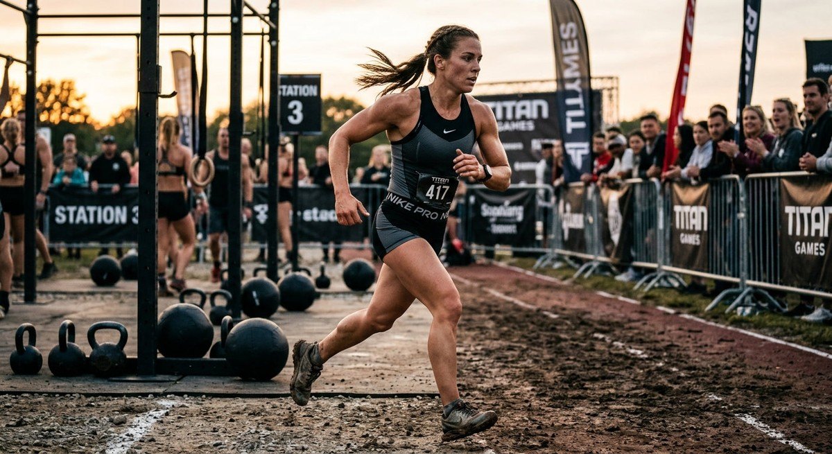 Close-up of a focused athlete transitioning from a functional movement station to a run in a competition setting.