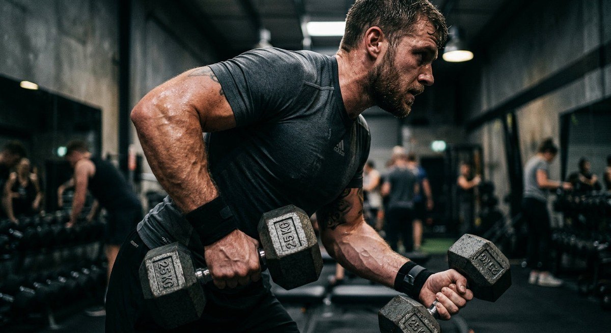 Close-up of a focused fitness enthusiast gripping heavy dumbbells during a functional endurance training session in a moody gym setting.