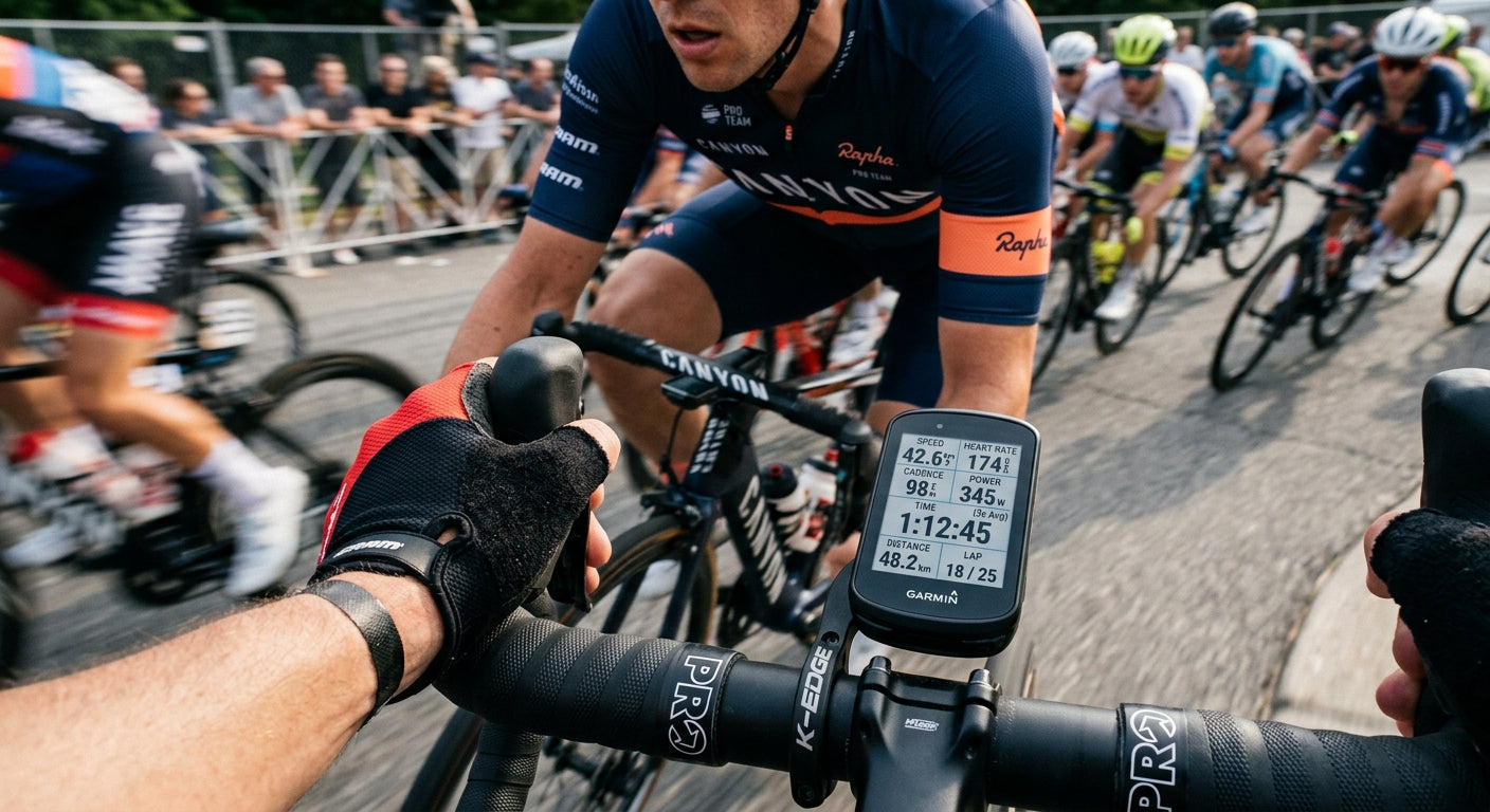 Close-up of a Garmin Edge 540 screen displaying performance data during a high-speed criterium race with motion blur.